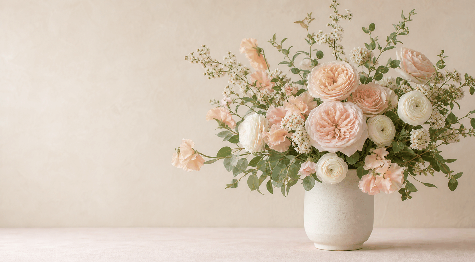 Soft peach and cream flowers arranged in a ceramic vase